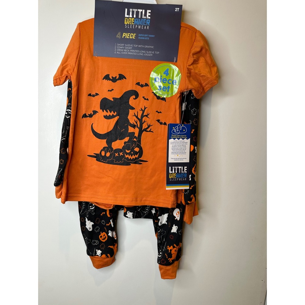 Little Dreamer Kids 4 Piece Halloween Pajama Set Dinosaur Ghost Orange Black 2T